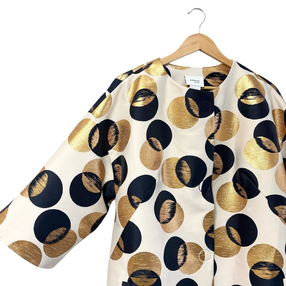 AKRIS Punto Car Coat Jacquard Sake Blue Metallic Gold Dot Print, Size US 12 - Picture 3 of 12
